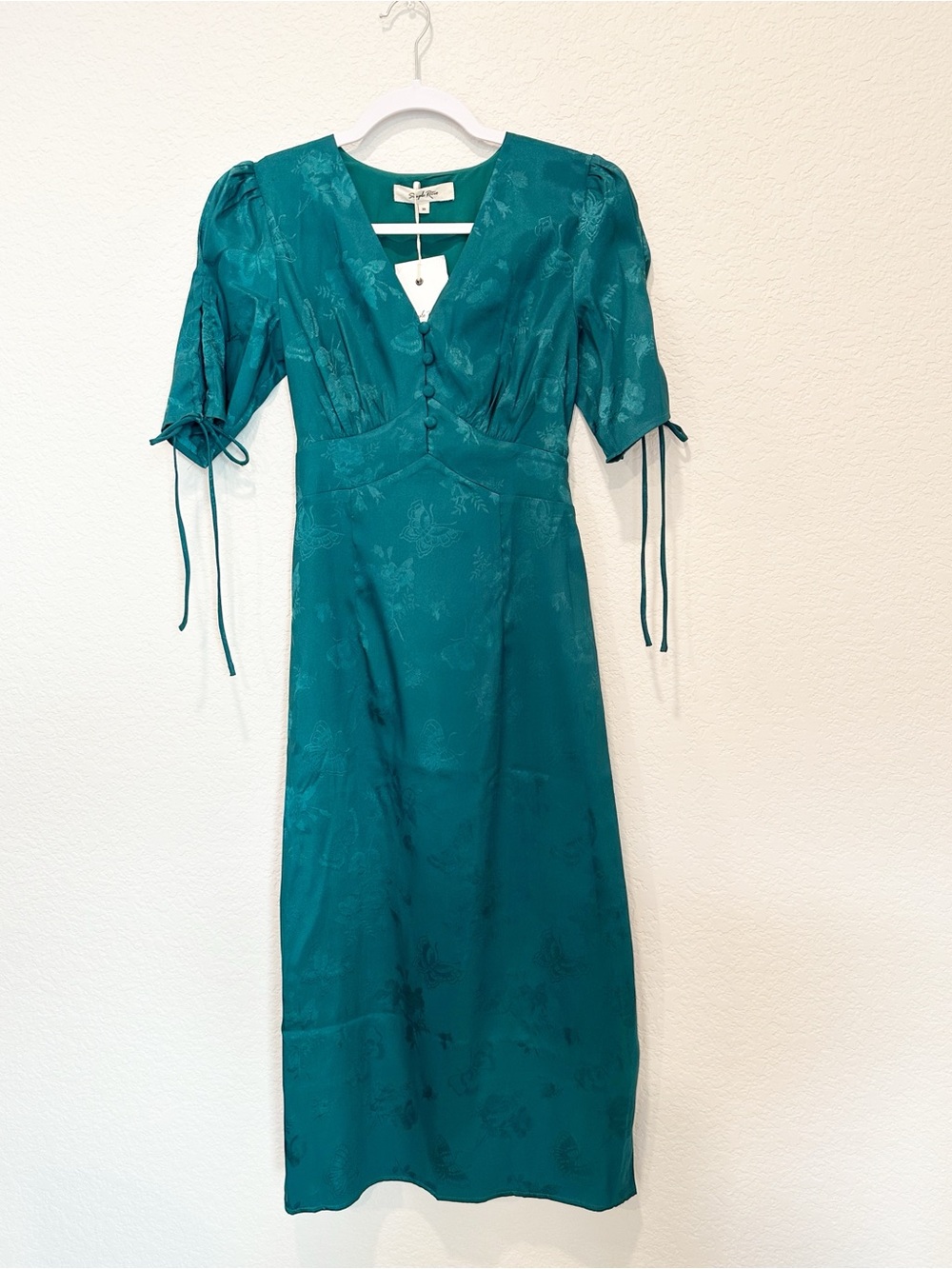 Simple Retro Teal Floral Midi Dress with Puff Sleeves